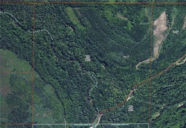 an aerial view of residential house with outdoor space and trees all around