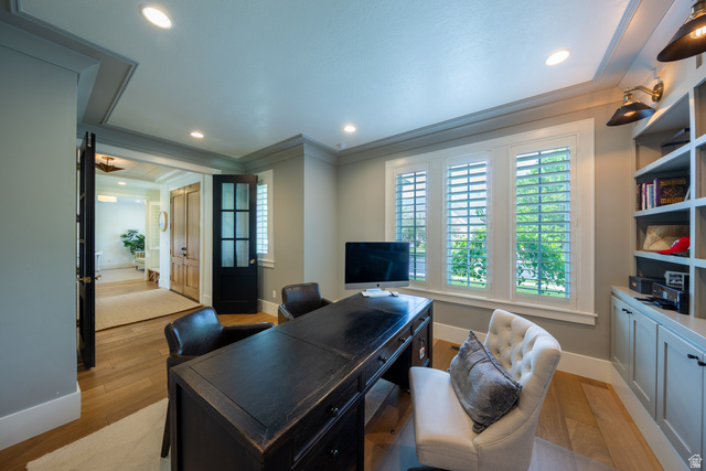 630 East Center Street Alpine, UT 84004 - Photo 14 of 115 Office space featuring hardwood flooring, built-in shelving with cabinetry, a bay window with plantation shutters, recessed lighting, and crown molding