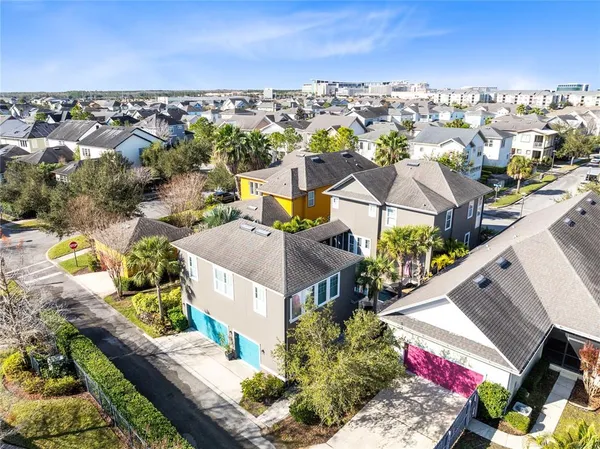 a view of a city with lawn chairs