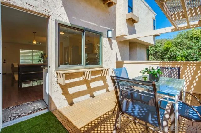 an outdoor space with furniture