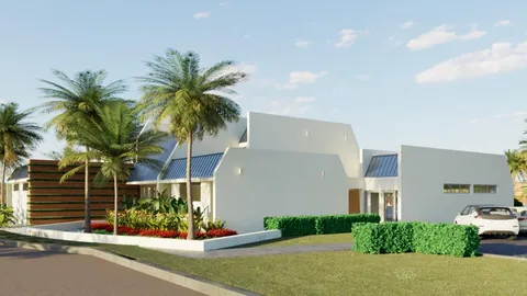a view of a house with a yard and potted plants