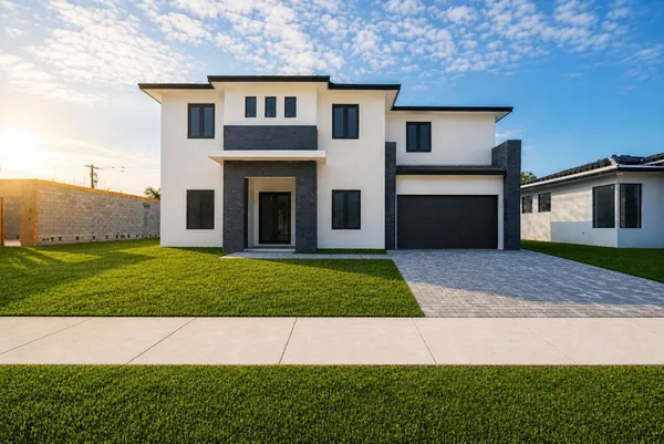 a front view of a house with a yard and garage