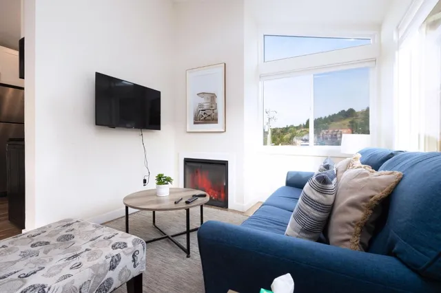 a living room with furniture a fireplace and a flat screen tv