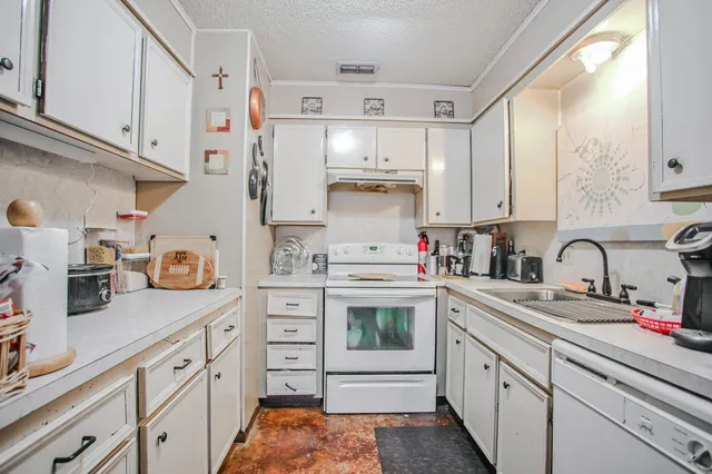 a kitchen with cabinets appliances a sink and a counter top space