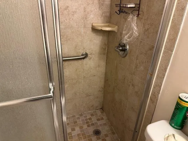 a bathroom with a granite countertop shower and a toilet