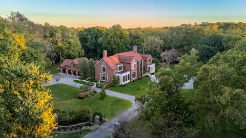 a aerial view of a house with a big yard and large trees