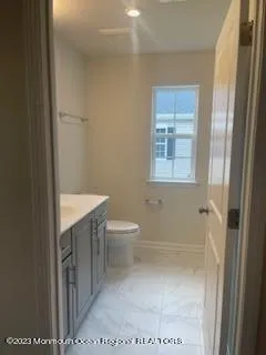 a bathroom with a sink a toilet and mirror