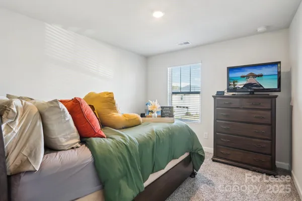 a bedroom with a bed and a television