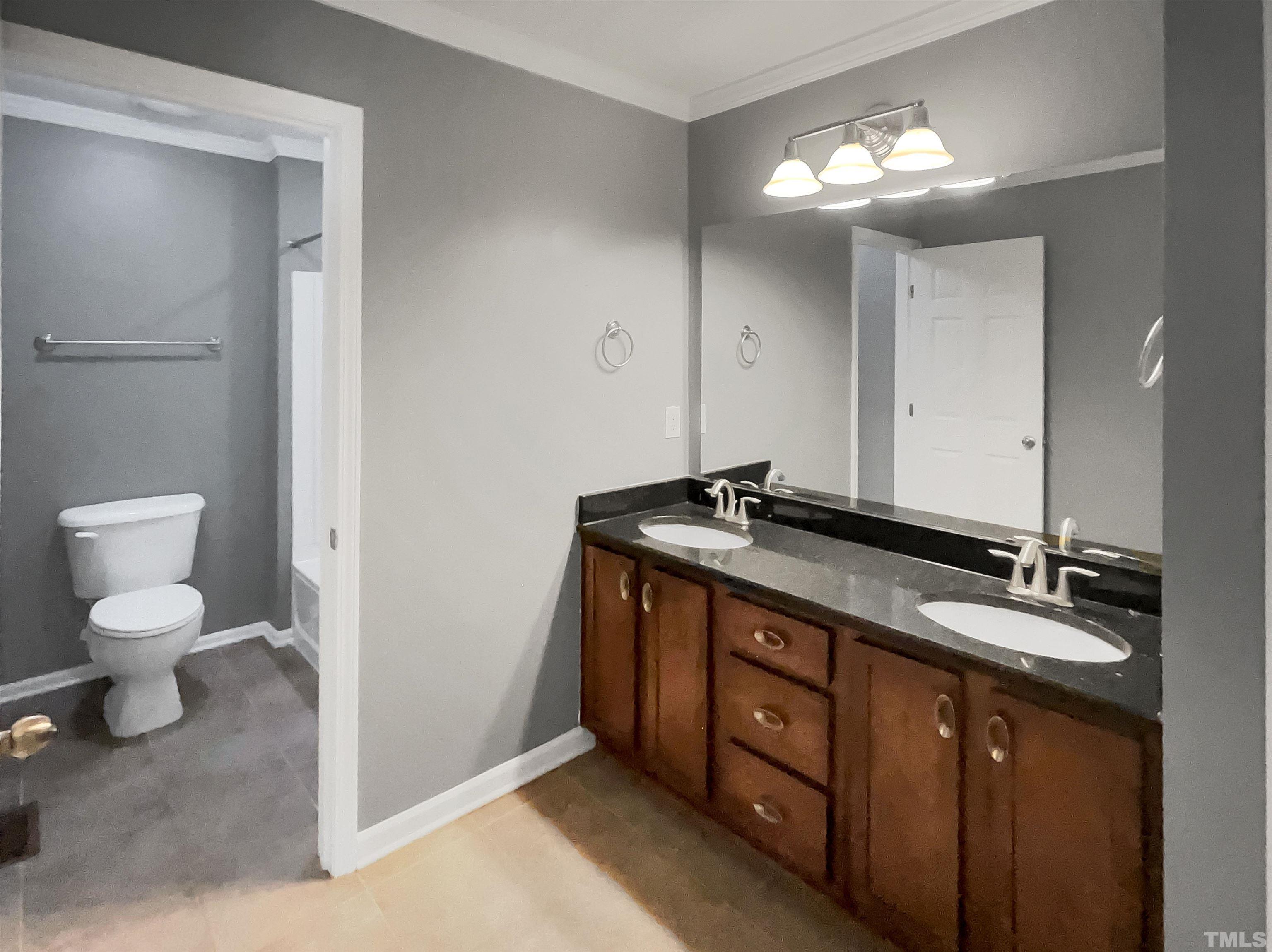 1111 Consortium Drive, Unit 101 Raleigh, NC 27603 - Photo 14 of 17 a bathroom with a granite countertop sink a toilet and a mirror
