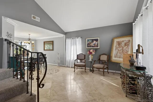 a view of a dining room with furniture
