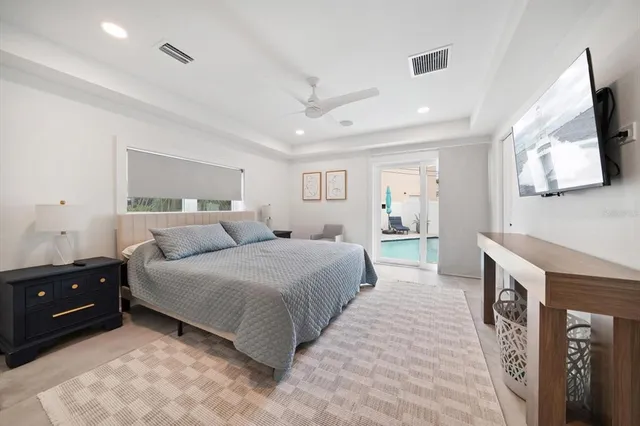 a spacious bedroom with a bed and a flat screen television