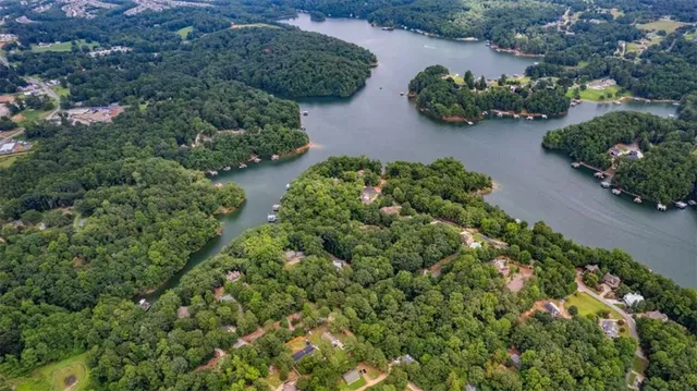 an aerial view of a house with a yard and lake view