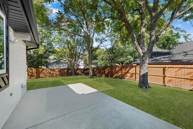 a view of a park with large trees