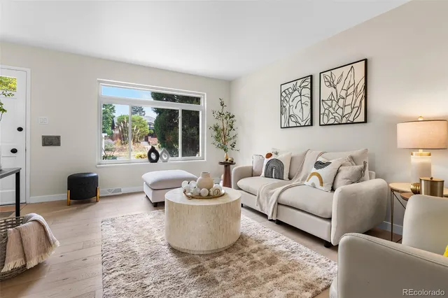 a living room with furniture and a potted plant