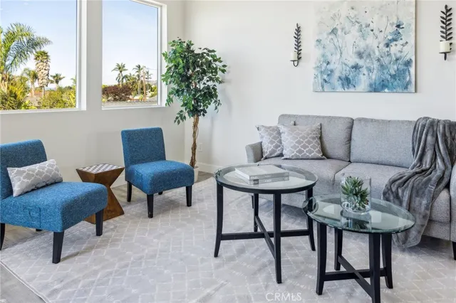 a living room with furniture and a potted plant