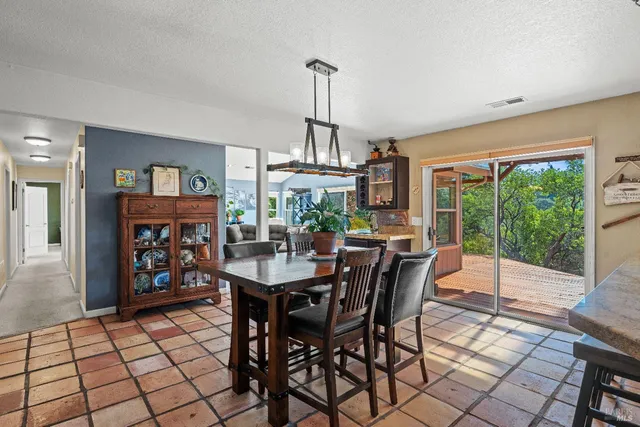 a view of a dining room with furniture window and outside view
