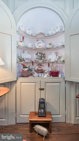 a view of workspace with painting on wall and wooden floor