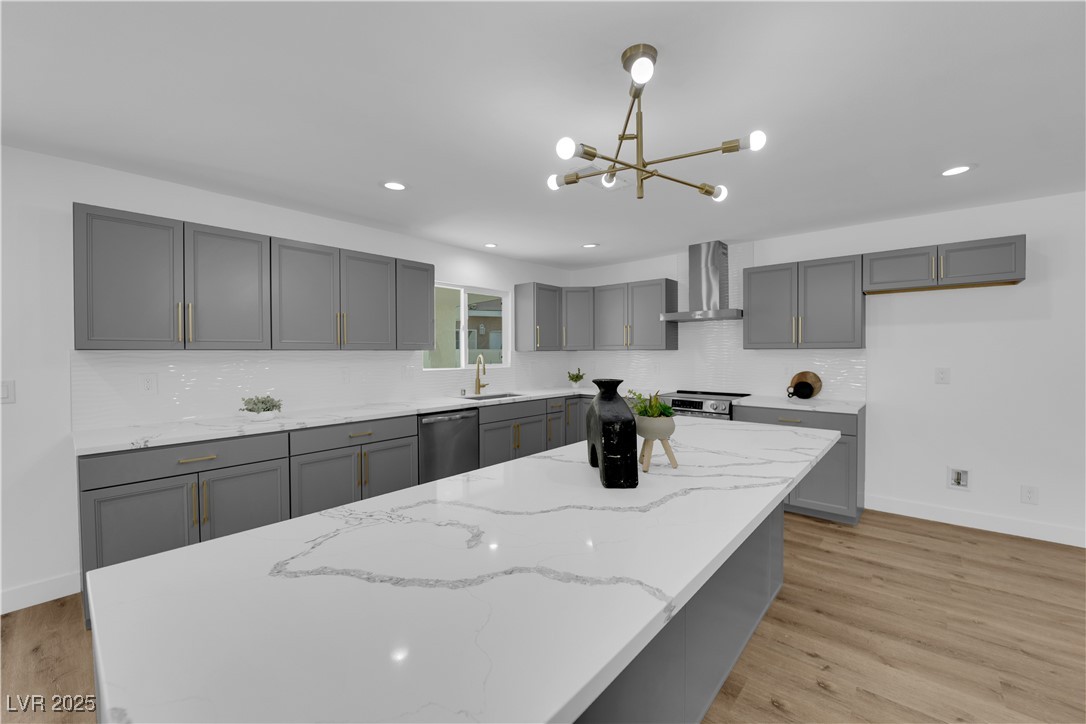 3228 Robin Circle Las Vegas, NV 89121 - Photo 18 of 45 Kitchen featuring a notable chandelier, gray cabin