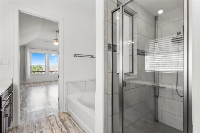 a bathroom with a bathtub and a shower
