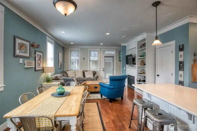 a view of a dining room with furniture