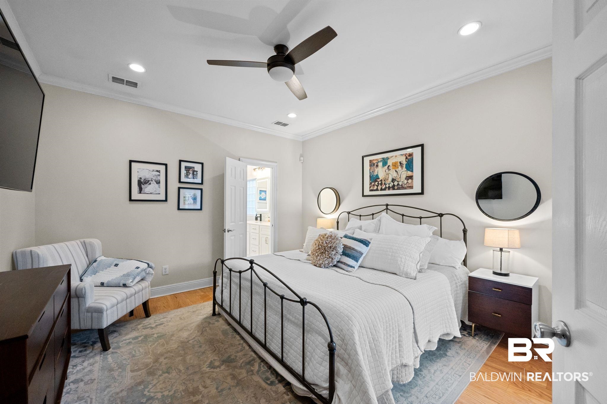1825 Spring Hill Avenue Mobile, AL 36607 - Photo 17 of 43 Bedroom featuring light wood finished floors, ornamental molding, a ceiling fan, recessed lighting, and ensuite bathroom