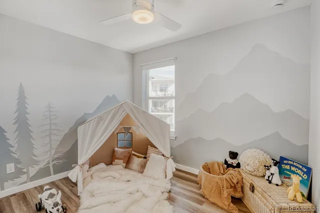 a view of a bedroom with wooden floor and closet