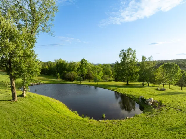 a view of a lake with a yard and large trees