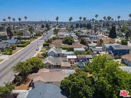 an aerial view of a house with a garden potted plants and large trees