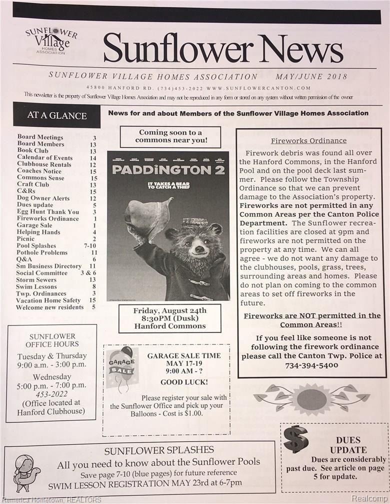 45695 Hanford Road Canton, MI 48187 - Photo 22 of 24 Sunflower News cover page. Perhaps the best homeowners association in Canton? They don't smother you with by-laws they just support and outstanding community.