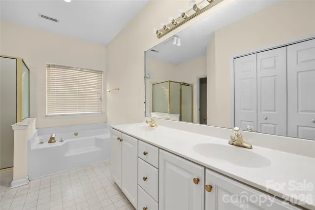 a bathroom with a sink double vanity granite tub shower and a mirror