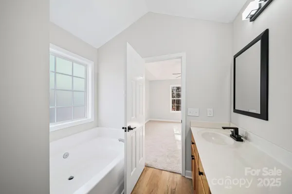 a bathroom with a tub sink and mirror