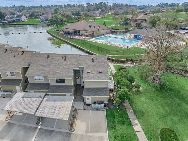an aerial view of a house with a garden