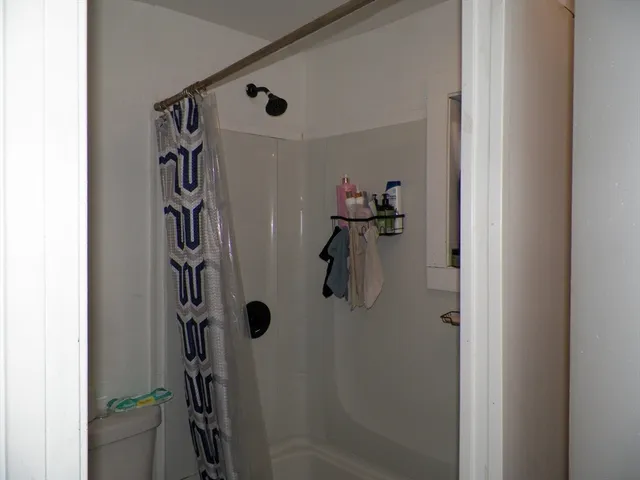 a bathroom with a shower and a glass door