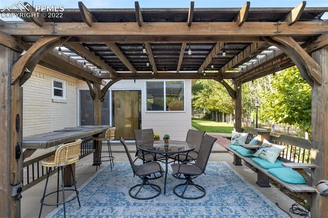 a patio with table and chairs