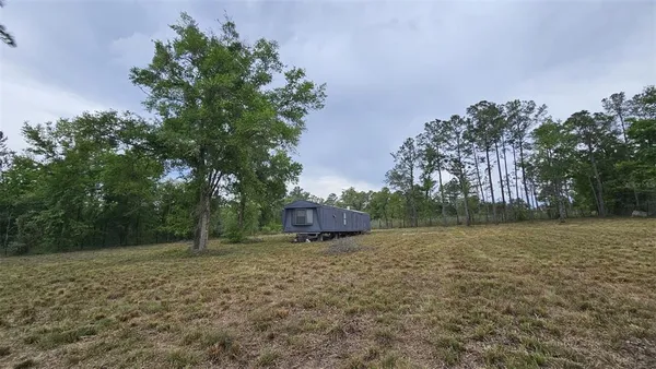 a view of a field with trees in the background