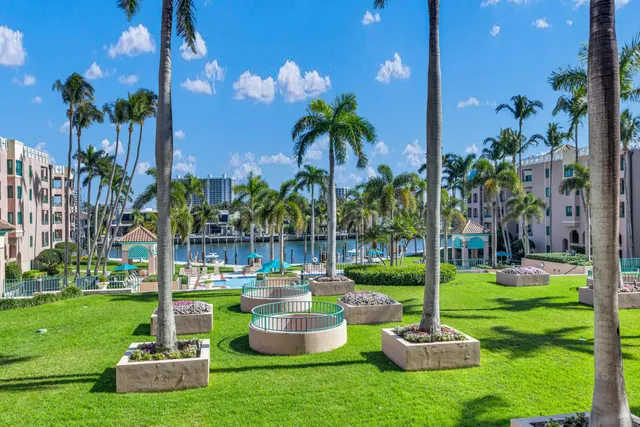 a garden view with a fountain