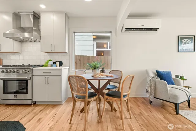 a view of a dining room with furniture and wooden floor