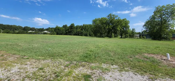a view of a green field with house in the background