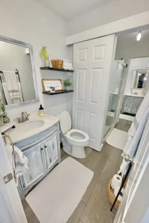 a bathroom with a sink a toilet and a mirror