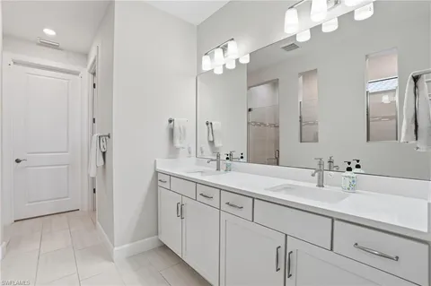 a bathroom with a sink a large mirror and a shower