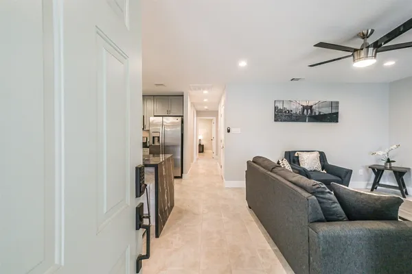 a view of a dining room with furniture