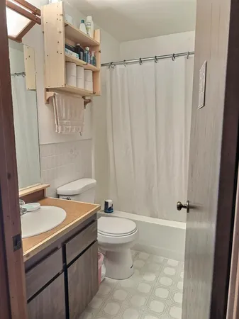 a bathroom with a sink a toilet and shower curtain