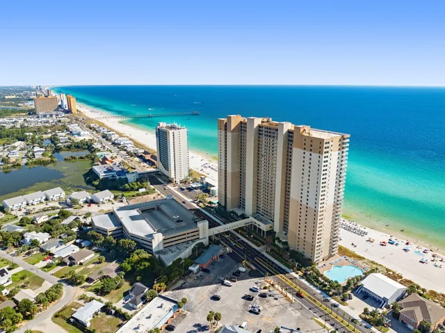 a view of a city with ocean