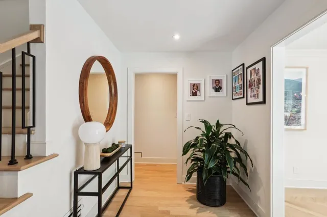 a living room with furniture potted plant and a window