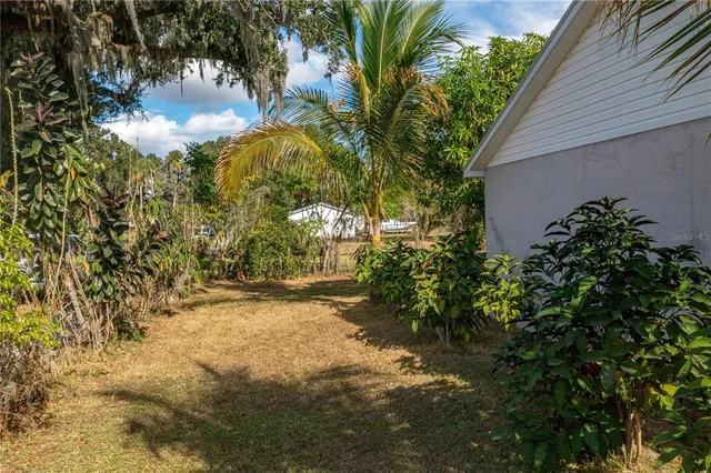 a view of backyard of house with green space