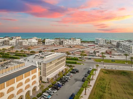 a view of a city with an ocean view