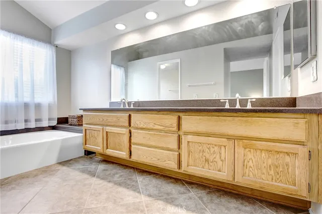 a bathroom with a sink a bathtub and a double vanity sink