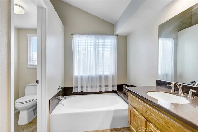 a bathroom with a granite countertop tub sink and a bathtub