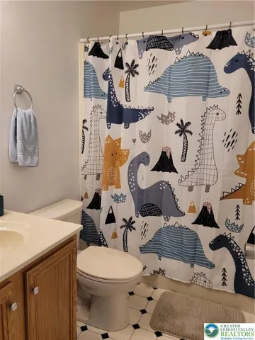 a bathroom with a sink mirror vanity and toilet