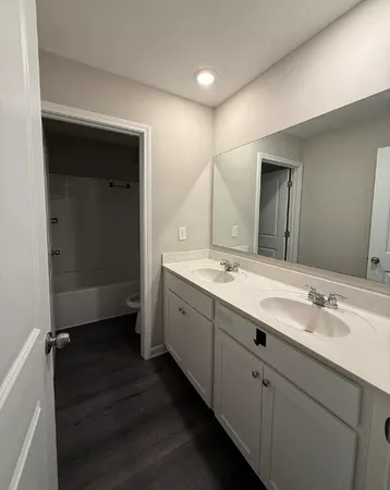 a bathroom with a double vanity sink and mirror